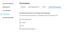 Screenshot aus der Software 116117 Terminservice: Praxisdaten bearbeiten – Benachrichtigungskanäle