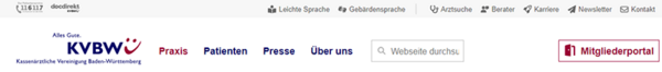 Hauptnavigation der KVBW-Internetseite