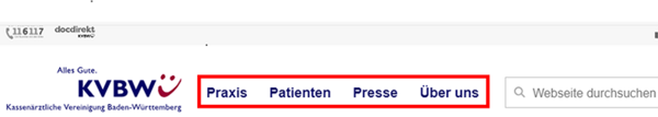 Hauptnavigation der KVBW-Internetseite