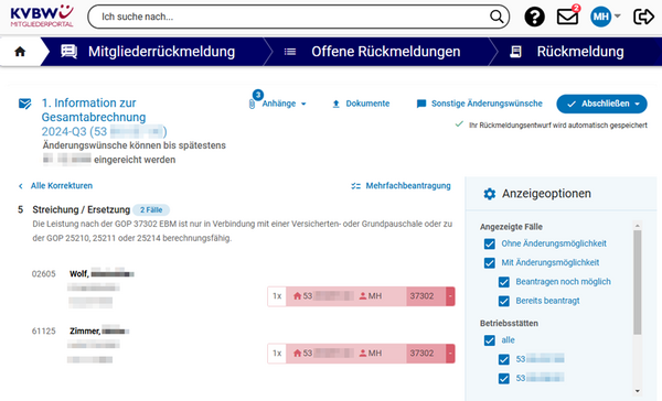 Beispiel zur Streichung der GOP 37302 (Koordinationspauschale Palliativmedizin) in der Information zur Gesamtabrechnung