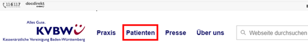 Bild von der Hauptnavigation der KVBW-Internetseite, in dem die Rubrik Patienten rot umrandet und hervorgehoben ist.