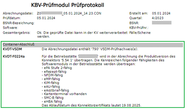Screenshot des KBV-Prüfprotokolls der Abrechnungsdatei mit den installierten Fachanwendungen der Telematikinfrastruktur